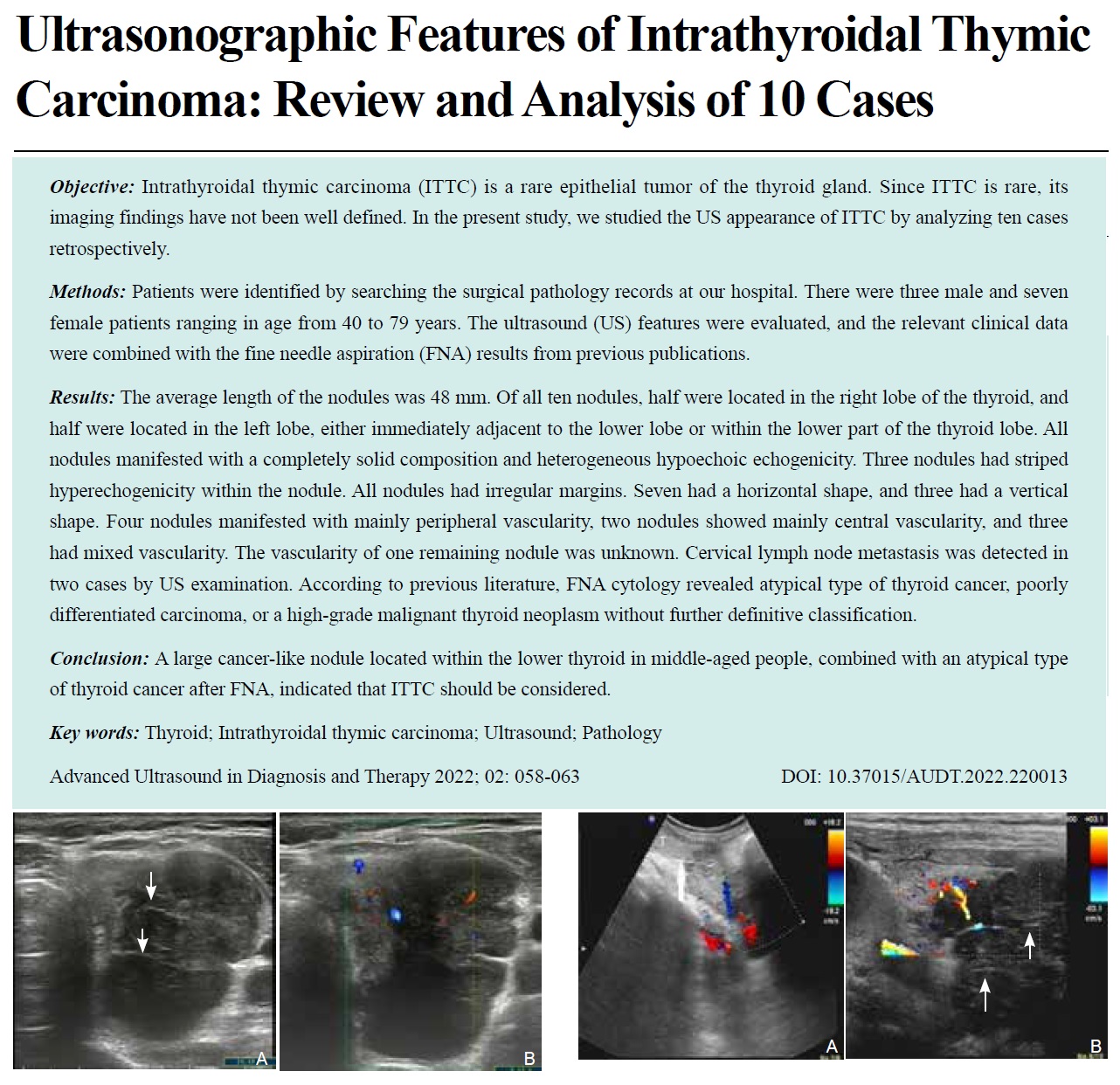 Ultrasonographic Features of Intrathyroidal Thymic Carcinoma: Review and Analysis of 10 Cases