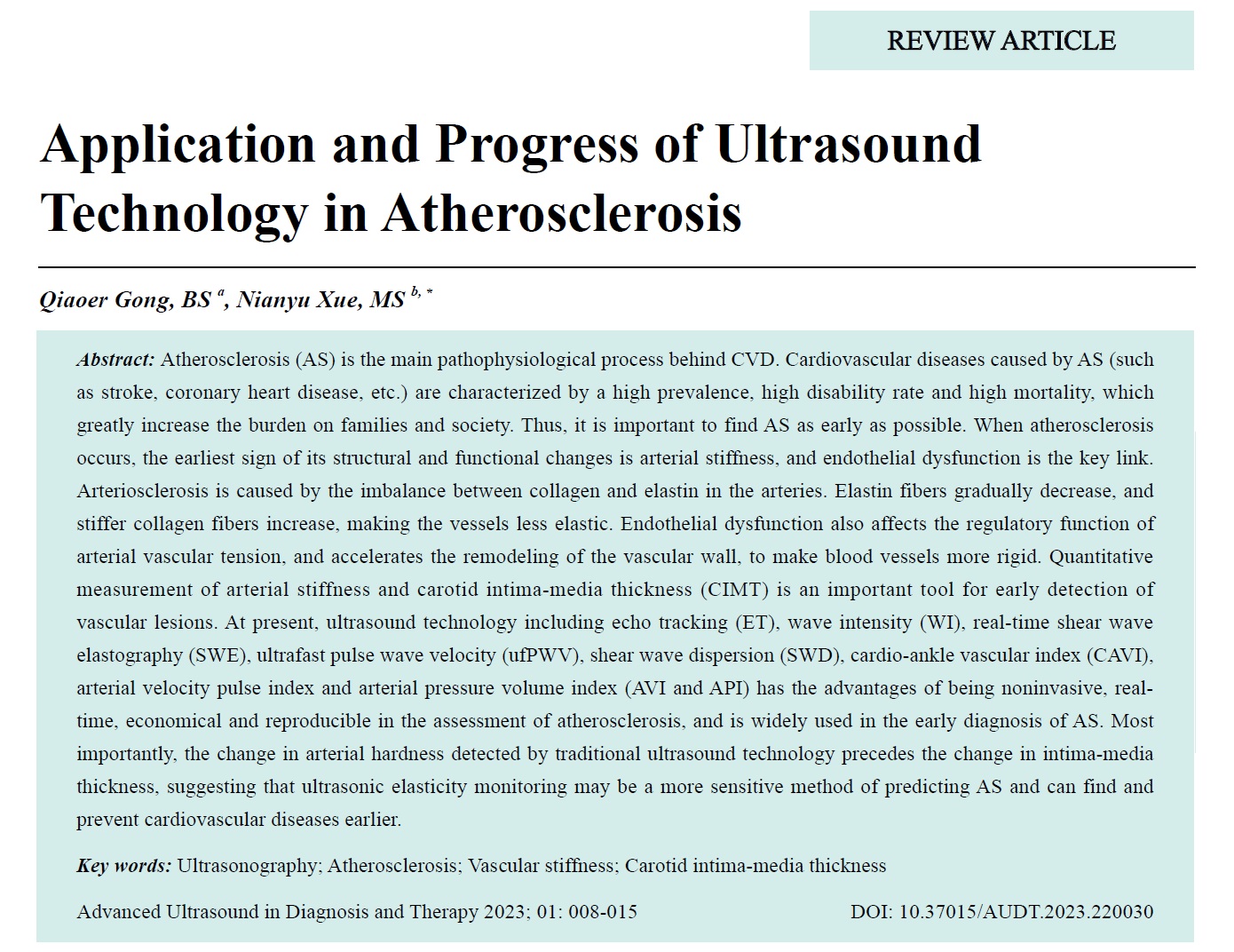 Application and Progress of Ultrasound Technology in Atherosclerosis